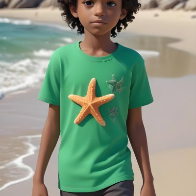 A Black Boy With Black Eyes Curly Hair 10 Years Old Wearing A Black T Shirt With A Starfish On A Beach With Green Rocks 5 7802