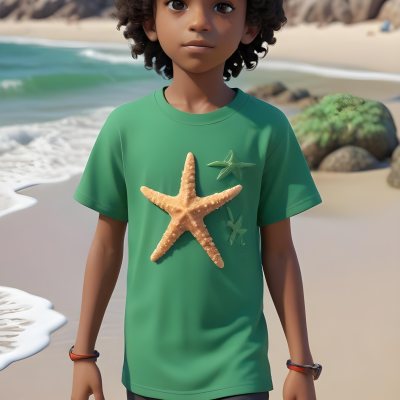 A Black Boy With Black Eyes Curly Hair 10 Years Old Wearing A Black T Shirt With A Starfish On A Beach With Green Rocks 6 7693