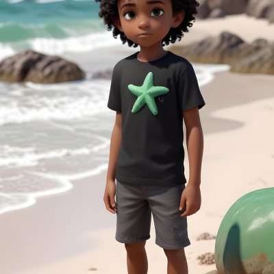 A Black Boy With Black Eyes Curly Hair 10 Years Old Wearing A Black T Shirt With A Starfish On A Beach With Green Rocks 8 Ad7d