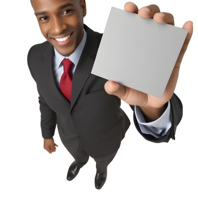 A Black Man In A Business Suit Approximately 30 Years Old With Short Hair And A Friendly Smile He Is Holding A Blank Gray Square In Front Of Him The Background Is Plain White Emphasizing The Subject 18 2352