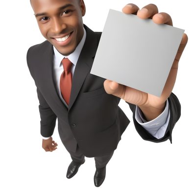 A Black Man In A Business Suit Approximately 30 Years Old With Short Hair And A Friendly Smile He Is Holding A Blank Gray Square In Front Of Him The Background Is Plain White Emphasizing The Subject 19 22fd