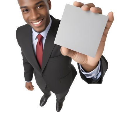 A Black Man In A Business Suit Approximately 30 Years Old With Short Hair And A Friendly Smile He Is Holding A Blank Gray Square In Front Of Him The Background Is Plain White Emphasizing The Subject 2 B582