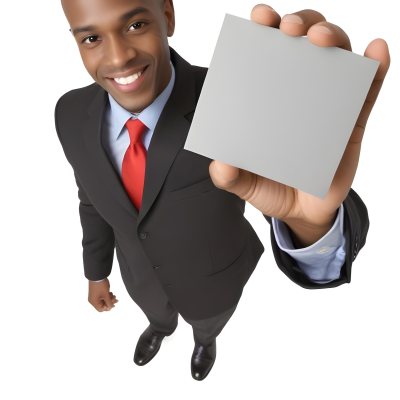 A Black Man In A Business Suit Approximately 30 Years Old With Short Hair And A Friendly Smile He Is Holding A Blank Gray Square In Front Of Him The Background Is Plain White Emphasizing The Subject 20 3be4