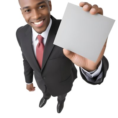 A Black Man In A Business Suit Approximately 30 Years Old With Short Hair And A Friendly Smile He Is Holding A Blank Gray Square In Front Of Him The Background Is Plain White Emphasizing The Subject 22 4771