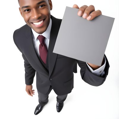 A Black Man In A Business Suit Approximately 30 Years Old With Short Hair And A Friendly Smile He Is Holding A Blank Gray Square In Front Of Him The Background Is Plain White Emphasizing The Subject 23 3b72