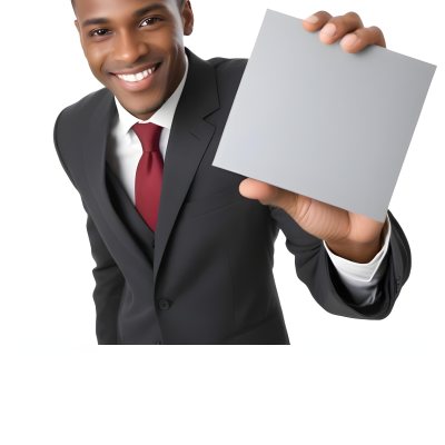 A Black Man In A Business Suit Approximately 30 Years Old With Short Hair And A Friendly Smile He Is Holding A Blank Gray Square In Front Of Him The Background Is Plain White Emphasizing The Subject 24 5aa5