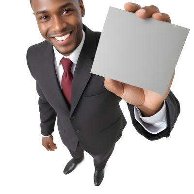 A Black Man In A Business Suit Approximately 30 Years Old With Short Hair And A Friendly Smile He Is Holding A Blank Gray Square In Front Of Him The Background Is Plain White Emphasizing The Subject 25 42f3
