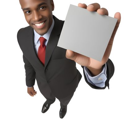 A Black Man In A Business Suit Approximately 30 Years Old With Short Hair And A Friendly Smile He Is Holding A Blank Gray Square In Front Of Him The Background Is Plain White Emphasizing The Subject 3 670a