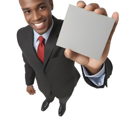 A Black Man In A Business Suit Approximately 30 Years Old With Short Hair And A Friendly Smile He Is Holding A Blank Gray Square In Front Of Him The Background Is Plain White Emphasizing The Subject 8 434b