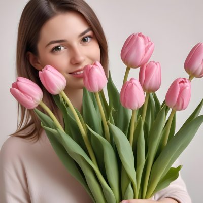 A Bouquet Of Pink Tulips In Front Of A Blurry White Woman 25 Years Old With Brown Hair In A Studio With A White Background 12 7b00