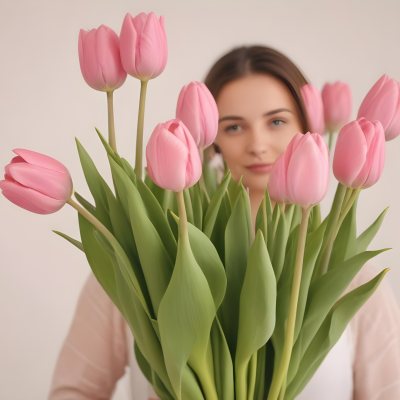 A Bouquet Of Pink Tulips In Front Of A Blurry White Woman 25 Years Old With Brown Hair In A Studio With A White Background 13 86c1