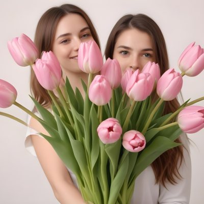 A Bouquet Of Pink Tulips In Front Of A Blurry White Woman 25 Years Old With Brown Hair In A Studio With A White Background 15 43d1