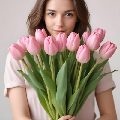 A Bouquet Of Pink Tulips In Front Of A Blurry White Woman 25 Years Old With Brown Hair In A Studio With A White Background 16 7f9a
