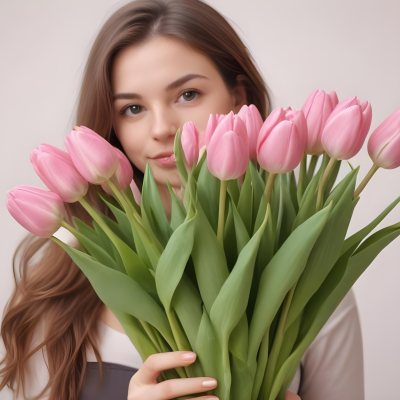 A Bouquet Of Pink Tulips In Front Of A Blurry White Woman 25 Years Old With Brown Hair In A Studio With A White Background 17 A171