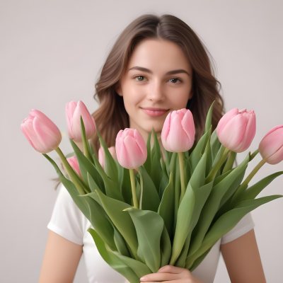 A Bouquet Of Pink Tulips In Front Of A Blurry White Woman 25 Years Old With Brown Hair In A Studio With A White Background 19 7dbd