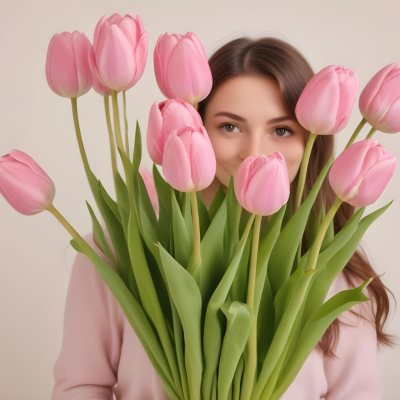 A Bouquet Of Pink Tulips In Front Of A Blurry White Woman 25 Years Old With Brown Hair In A Studio With A White Background 5 5208