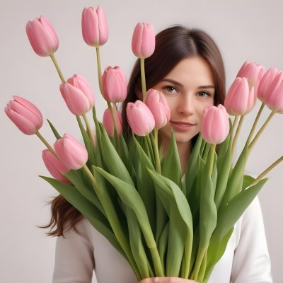 A Bouquet Of Pink Tulips In Front Of A Blurry White Woman 25 Years Old With Brown Hair In A Studio With A White Background 7 3a0b