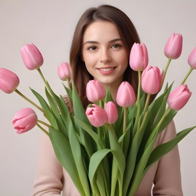 A Bouquet Of Pink Tulips In Front Of A Blurry White Woman 25 Years Old With Brown Hair In A Studio With A White Background 9 4907