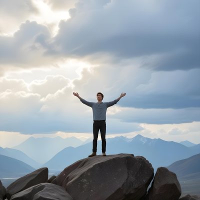 A Caucasian Man Around 30 Years Old With Short Brown Hair Standing On A Rock With Open Arms With A Cloudy Sky And Mountains In The Background 15 5945