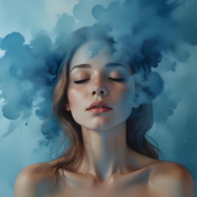 A Caucasian Woman 25 Years Old Light Skin Closed Eyes With Blue Smoke Around Her Head Blue Background 31 0d51