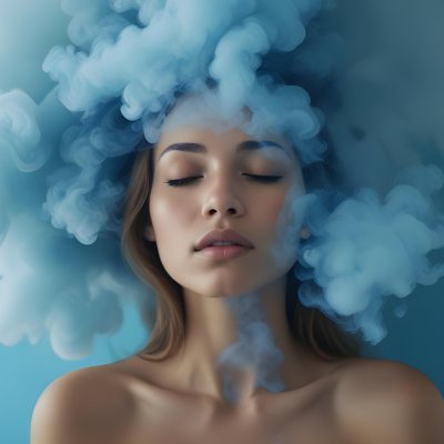 A Caucasian Woman 25 Years Old Light Skin Closed Eyes With Blue Smoke Around Her Head Blue Background 44 De4e