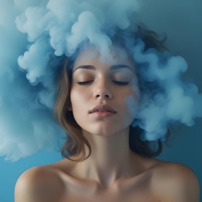 A Caucasian Woman 25 Years Old Light Skin Closed Eyes With Blue Smoke Around Her Head Blue Background 46 3559