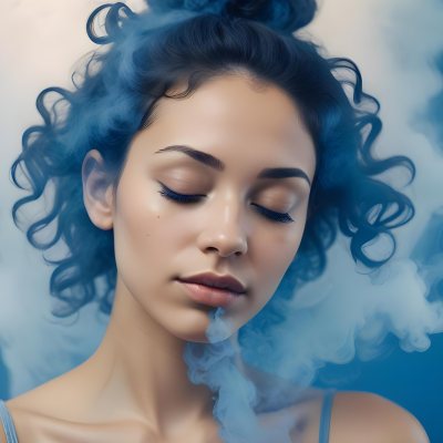 A Caucasian Woman 25 Years Old Light Skin Closed Eyes With Blue Smoke Around Her Head Blue Background 5 509c