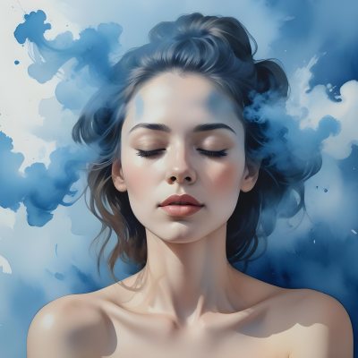A Caucasian Woman 25 Years Old Light Skin Closed Eyes With Blue Smoke Around Her Head Blue Background 55 A567