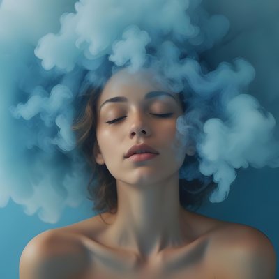 A Caucasian Woman 25 Years Old Light Skin Closed Eyes With Blue Smoke Around Her Head Blue Background 56 A51b