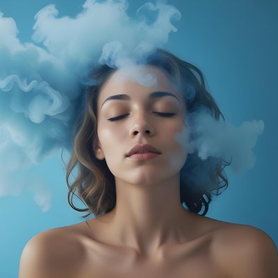 A Caucasian Woman 25 Years Old Light Skin Closed Eyes With Blue Smoke Around Her Head Blue Background 70 2e13