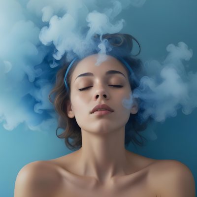 A Caucasian Woman 25 Years Old Light Skin Closed Eyes With Blue Smoke Around Her Head Blue Background 74 Be3e