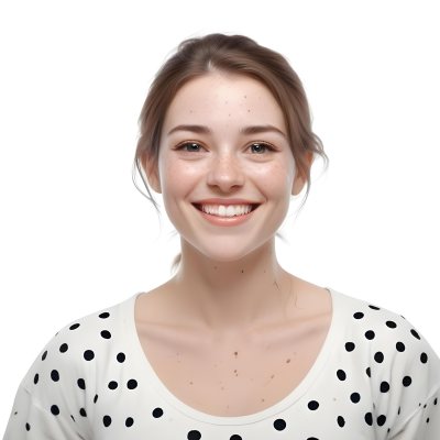A Caucasian Woman 28 Years Old With Freckles And Black Hair Smiling And Wearing A White Shirt With Black Dots In A Black Background 13 Ddfc