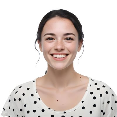 A Caucasian Woman 28 Years Old With Freckles And Black Hair Smiling And Wearing A White Shirt With Black Dots In A Black Background 22 232e