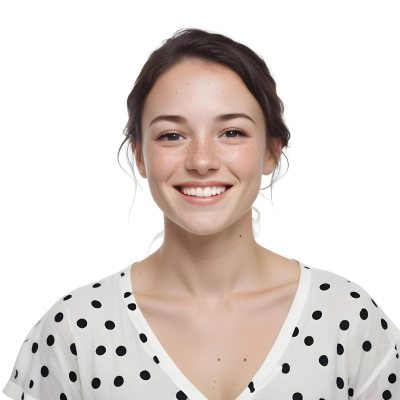 A Caucasian Woman 28 Years Old With Freckles And Black Hair Smiling And Wearing A White Shirt With Black Dots In A Black Background 24 94b9