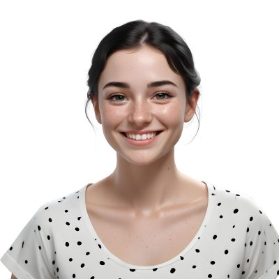 A Caucasian Woman 28 Years Old With Freckles And Black Hair Smiling And Wearing A White Shirt With Black Dots In A Black Background 25 9cf3