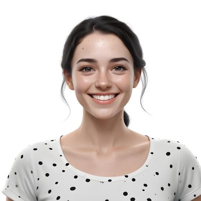 A Caucasian Woman 28 Years Old With Freckles And Black Hair Smiling And Wearing A White Shirt With Black Dots In A Black Background 31 Db0f