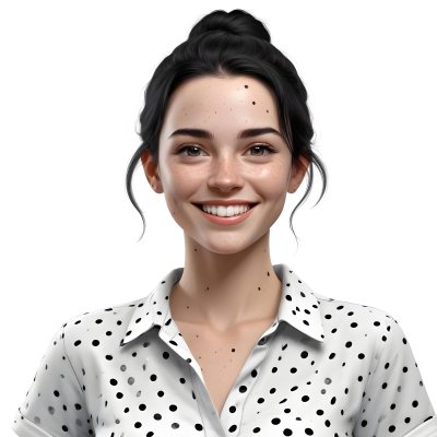 A Caucasian Woman 28 Years Old With Freckles And Black Hair Smiling And Wearing A White Shirt With Black Dots In A Black Background 34 4e0f