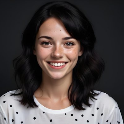 A Caucasian Woman 28 Years Old With Freckles And Black Hair Smiling And Wearing A White Shirt With Black Dots In A Black Background 38 90fb