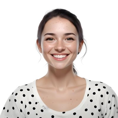 A Caucasian Woman 28 Years Old With Freckles And Black Hair Smiling And Wearing A White Shirt With Black Dots In A Black Background 41 Cae1