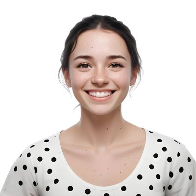 A Caucasian Woman 28 Years Old With Freckles And Black Hair Smiling And Wearing A White Shirt With Black Dots In A Black Background 43 D3e6