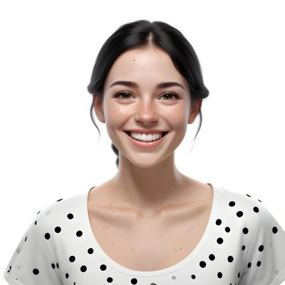A Caucasian Woman 28 Years Old With Freckles And Black Hair Smiling And Wearing A White Shirt With Black Dots In A Black Background 44 3b59