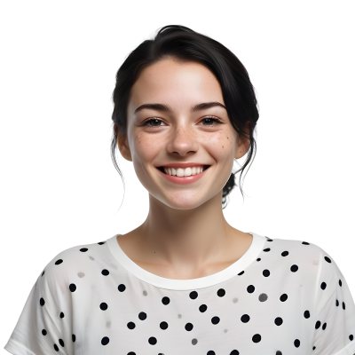 A Caucasian Woman 28 Years Old With Freckles And Black Hair Smiling And Wearing A White Shirt With Black Dots In A Black Background 47 54e2