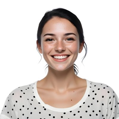 A Caucasian Woman 28 Years Old With Freckles And Black Hair Smiling And Wearing A White Shirt With Black Dots In A Black Background 55 E340