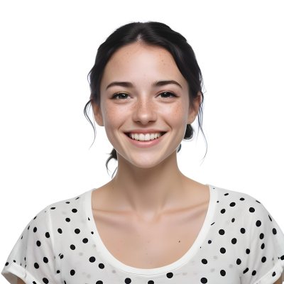 A Caucasian Woman 28 Years Old With Freckles And Black Hair Smiling And Wearing A White Shirt With Black Dots In A Black Background 6 4331