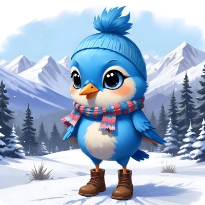 A Cute Blue Bird Wearing A Winter Hat And Scarf Standing In A Snowy Forest Landscape With Mountains In The Background 47 Dc87