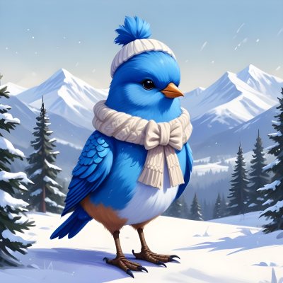 A Cute Blue Bird Wearing A Winter Hat And Scarf Standing In A Snowy Forest Landscape With Mountains In The Background 53 4a06