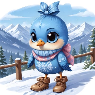 A Cute Blue Bird Wearing A Winter Hat And Scarf Standing In A Snowy Forest Landscape With Mountains In The Background 64 4fd6