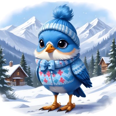 A Cute Blue Bird Wearing A Winter Hat And Scarf Standing In A Snowy Forest Landscape With Mountains In The Background 65 E32b