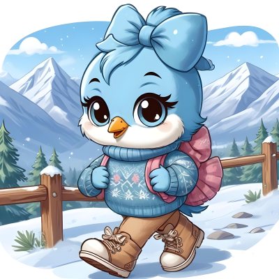 A Cute Blue Bird Wearing A Winter Hat And Scarf Standing In A Snowy Forest Landscape With Mountains In The Background 7 6318