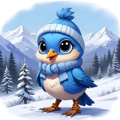 A Cute Blue Bird Wearing A Winter Hat And Scarf Standing In A Snowy Forest Landscape With Mountains In The Background 71 57a9